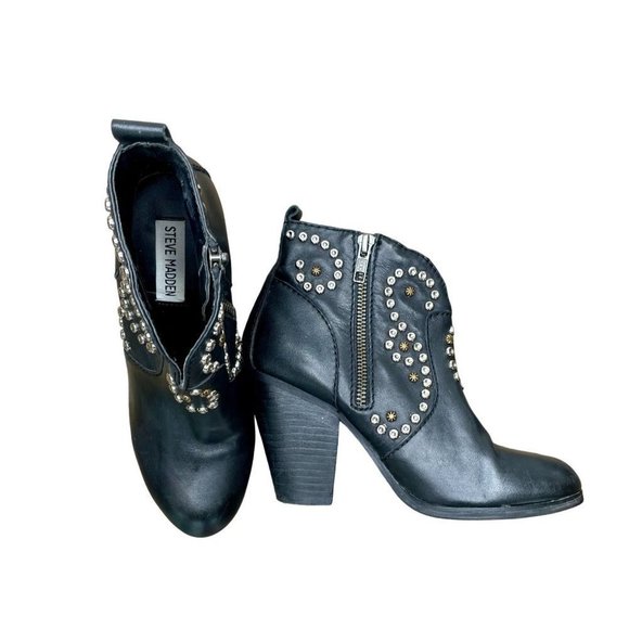STEVE MADDEN Awsum Black Silver Studded Heeled Ankle Boho Leather Booties 6 - Picture 2 of 7